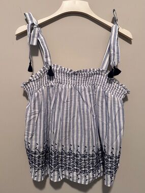 Old Navy White & Blue Striped Tie-Shoulder Camisole with Embroidered Detailing